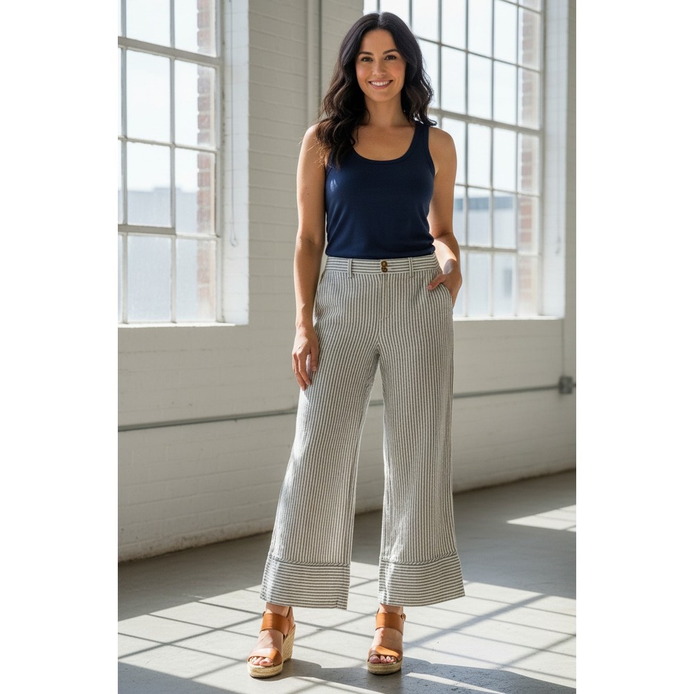 J. Jill Cropped Pants Womens Small Gray White‎ Linen Striped Cuffed Hem Wide Leg